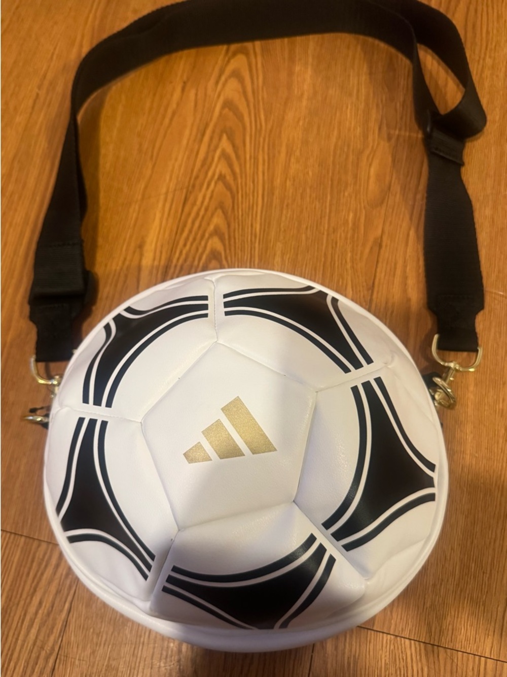 adidas White & Black Soccer Ball Crossbody Bag with Gold Logo